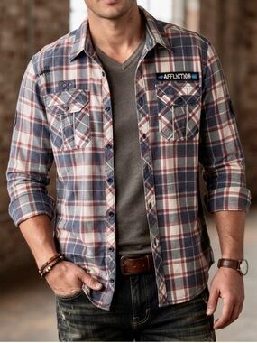 Affliction, black premium, limited edition, long sleeve plaid shirt. Size XL‎